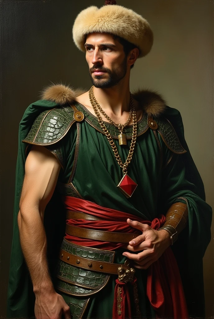 {{Masterpiece, best quality, oil painting, by Franz von Stuck, by James Tissot, by Moebius, male focus, muted colors}}, the composition is: ((((a dramatic half body portrait of a 25 years old ancient Roman guard, sexy, muscular, magnificent, wearing a beige Russian fur hat, he is wearing a red diamond shape pendant)))). (((((He is wearing a dark green lorica armor made of velvet, alligator leather, with ronin inspired elements, Slavic inspired elements, wearing a satin sash))))).
