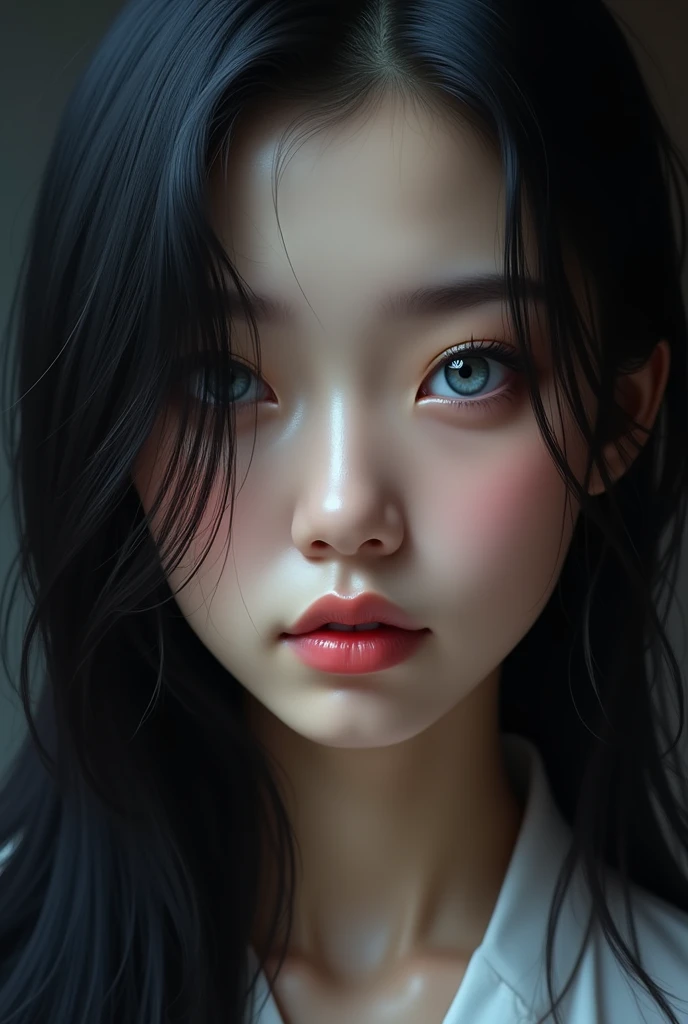 Make a black haired asian girl, blue eyes and striking face