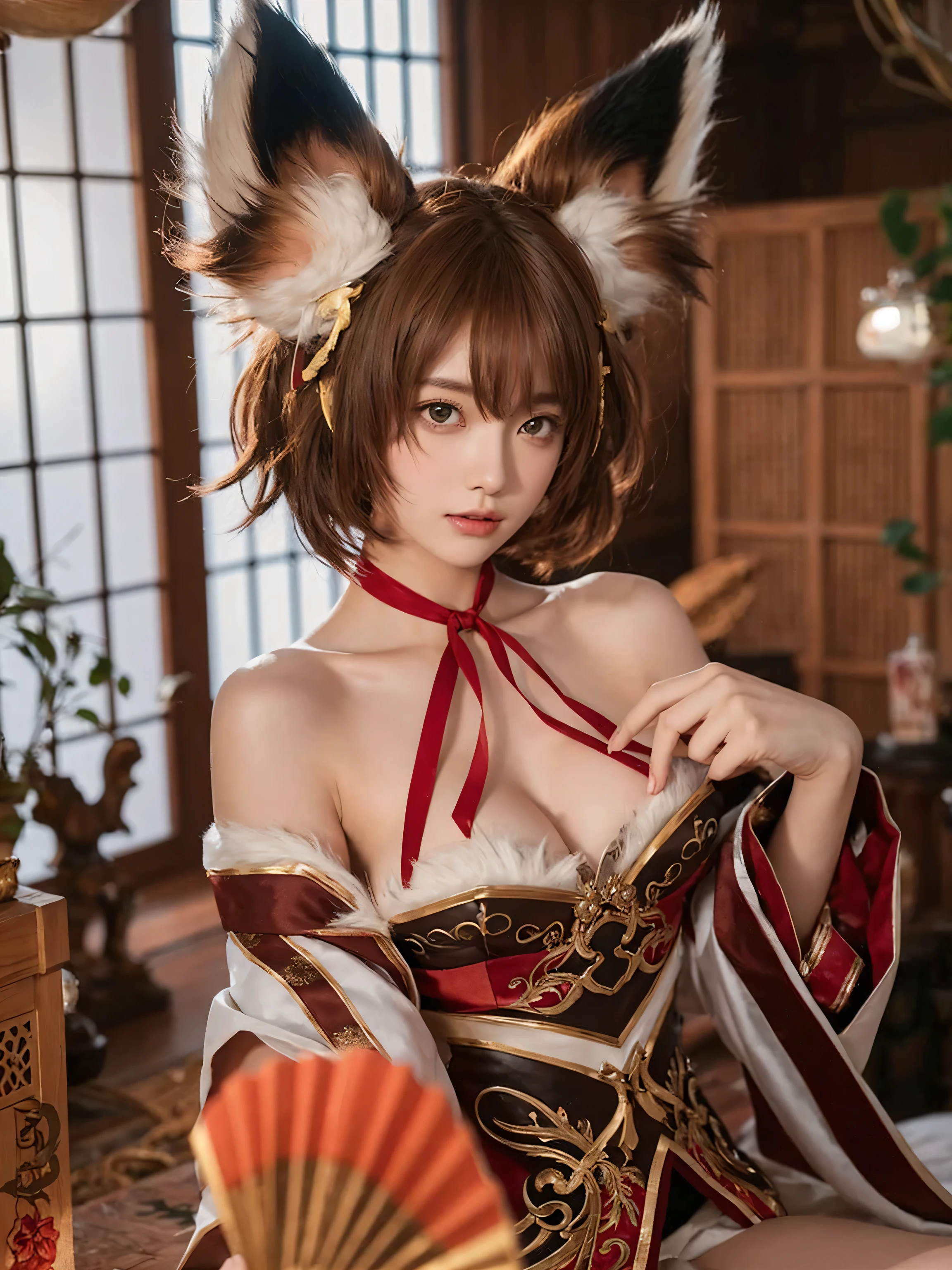 a young woman (larged-size-chest) cosplaying. She has large, fluffy brown and white fox ears, and her hair is short, brown with hints of red, and styled in a slightly messy way that frames her face. Her eyes green color. She wears an intricate costume featuring a mix of red, white, and brown, with golden accents and ornate patterns. The top part of her outfit exposes her shoulders, and a red ribbon ties around her neck. She holds a fan or similar object in her hand, which is partially obscured by her costume. The background consists of a traditional wooden room with large windows, soft lighting, and some decorative elements like wooden furniture and plants. The overall atmosphere is warm
