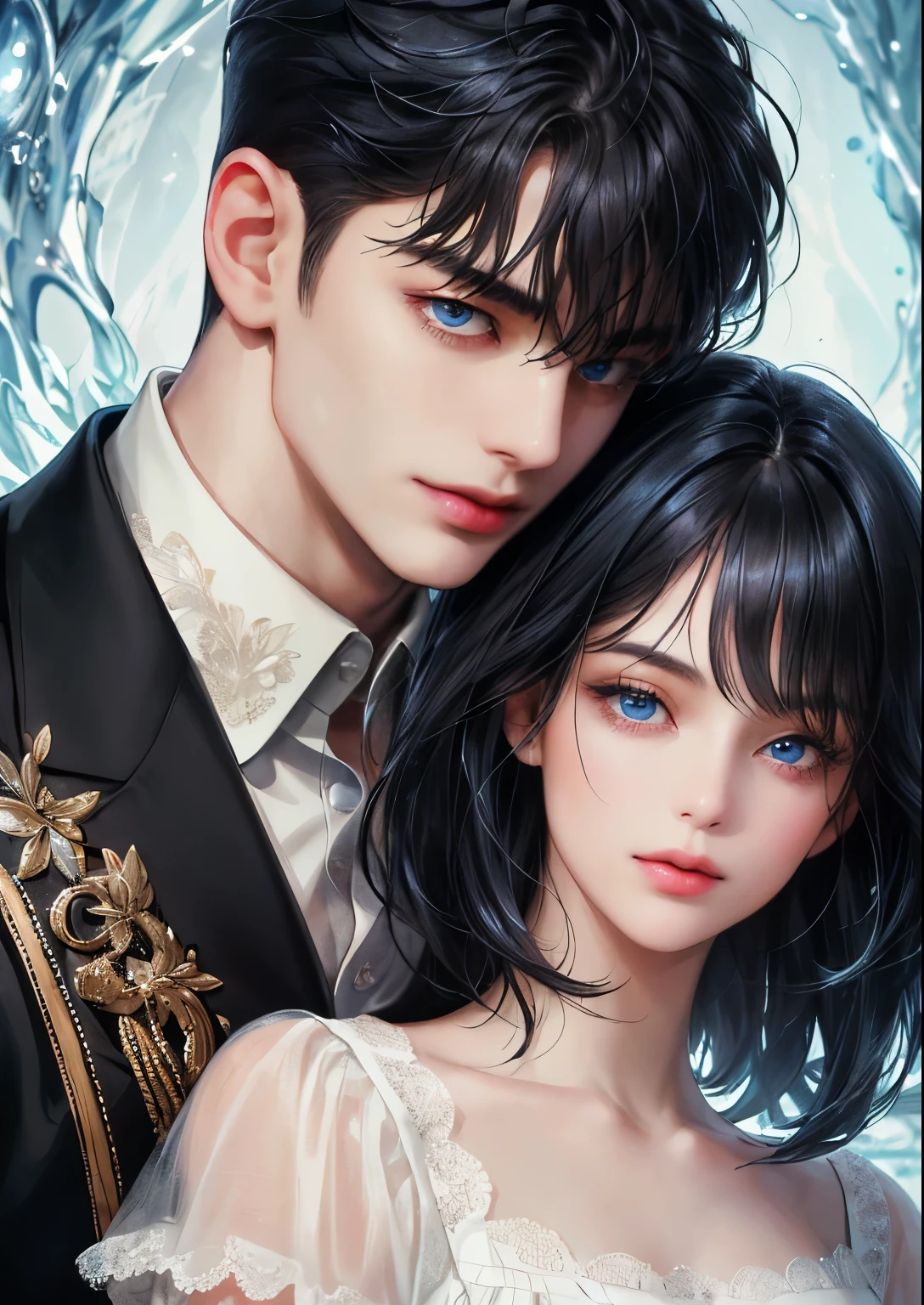 (absurdly , high quality , masterpiece , ultra detailed), ( detailed to hand ) (detailed to eyes) (detailed to face) , couples, 1 man (short black Quiff hair with Soft Fringe, bangs part on side 3:7 ratio) and 1 woman (short black hair with fringe) love ,pretty eyes (blue eyes) , black hair, fantasy, detailed background, soft light