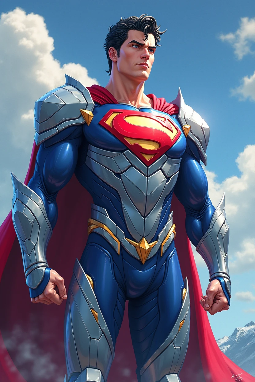 dynamic anime art, digital art, Henry cavil's Superman wearing Heavy crystal Armor, Heavy metalic crystal armor, "S" Emblem on chest, heavy Crystal crown, silverish-Navy, the armor is reflecting light, looks glossy and as clear as crystal, shoulder pads, the armor is filled with Crystal red, crystal blue, crystal black, metalic red, metalic blue, glossy, 4K, dynamic pose, setting in Crystals-lake