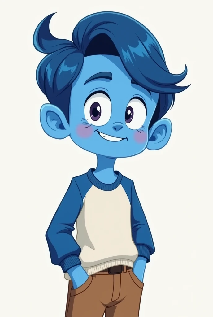 Create a 2D character with blue skin. The character must have a friendly and fun expression, without exaggerated features. Hair should be blue and styled simply.. The character must wear neutral clothing, like a white shirt with blue sleeves and brown pants, to complement your blue skin. Avoid using too many flashy colors to maintain a simpler, more cohesive look..