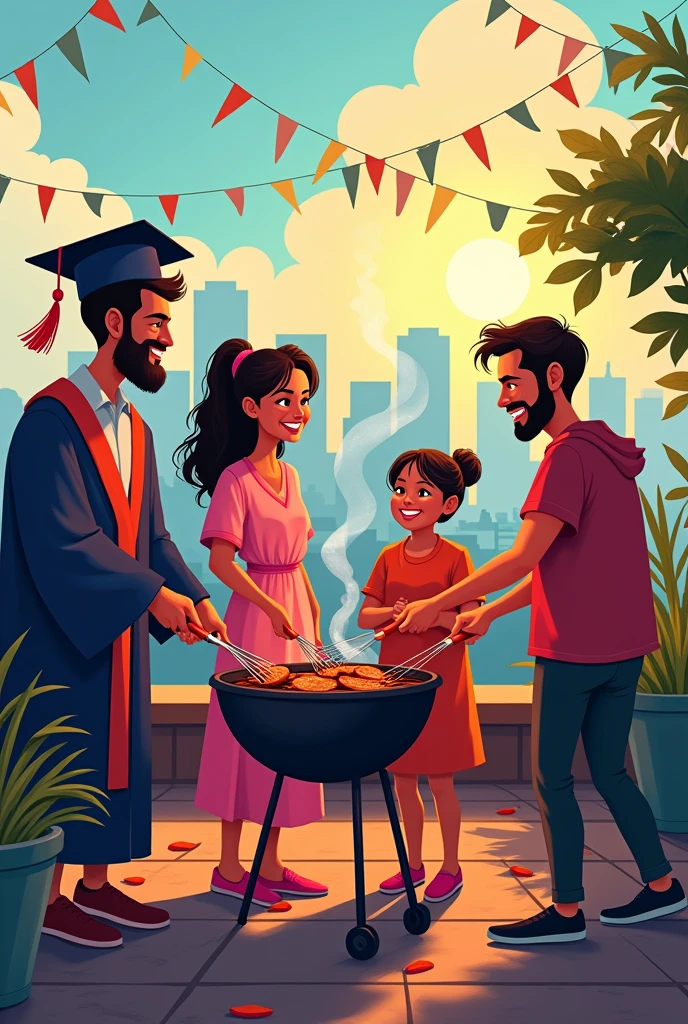 Poster of a family celebrating at a barbecue on the occasion of a family member's graduation, Make the characters more abstract and have the barbecue on a rooftop, Let the female graduate appear in cap and gown