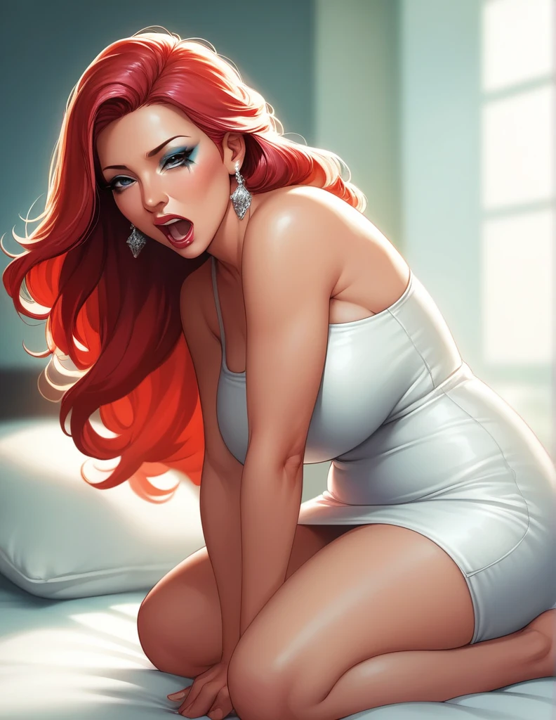 rating_explicit, red hair woman,long hair, red lipstick, naked, in window, cowgirl sex, night, mature, normal breasts, bouncing, moan, calm