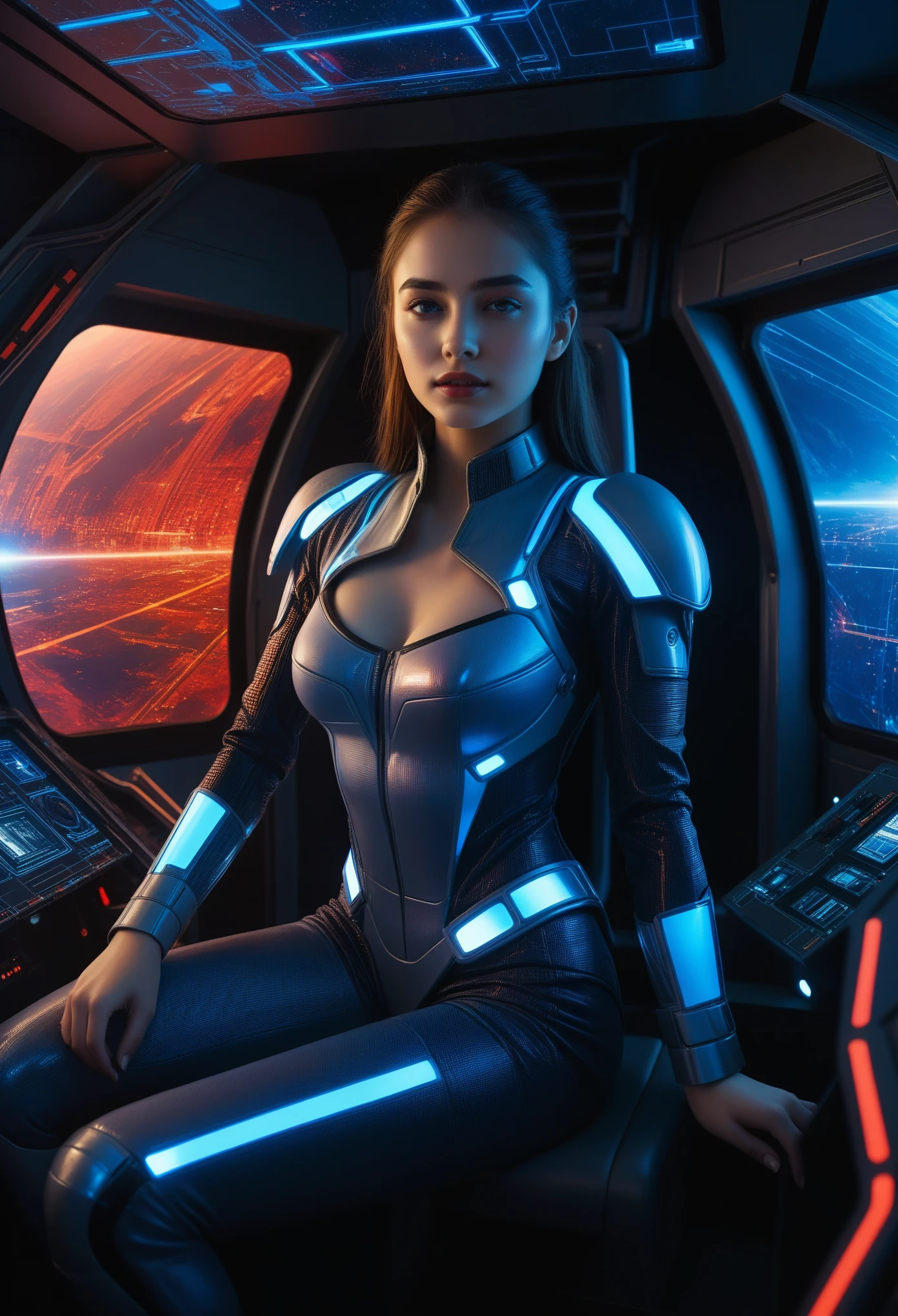 a beautiful 18-year-old girl, graceful expression, sitting in the cockpit of a spaceship, mechanical engineering background, holographic map black and blue and white and red color scheme, highly detailed, masterpiece, photorealistic,8k,hyper detailed, cinematic lighting, dramatic lighting, dramatic pose, dramatic atmosphere, intricate details, sharp focus, vibrant colors, volumetric lighting, cinematic composition, dramatic sci-fi atmosphere, vibrant colors, digital art, highly detailed, photorealistic, award winning concept art, Yaiba, toned thighs, futuristic erotic and sexy suit, big breasts 