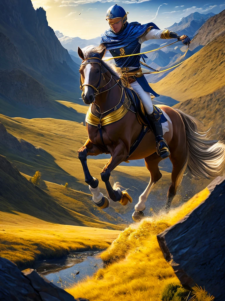 Horse rider knight crossing an amazing route of multiple obstacles on terrain, sky view, high tech futuristic mysterious atmosphere, dark blue and golden yellow, 4D, 8K, surrealism photorealistic, dreamlike, big and complex composition storytelling, masterpiece, artwork by Bernie Wrightson, artwork by Jeremy Mann, Impressionism