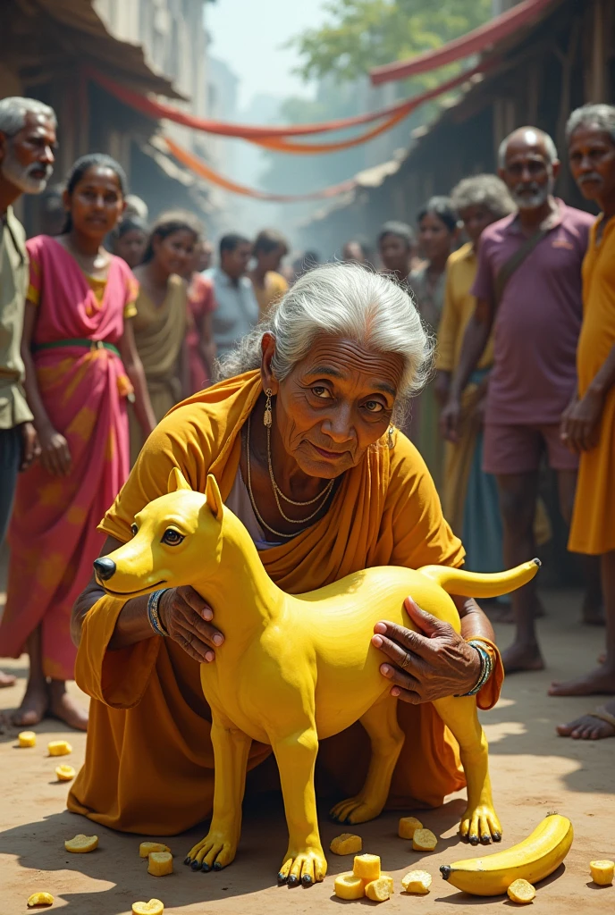 A Indian poor old woman make a dog with Banana people watching