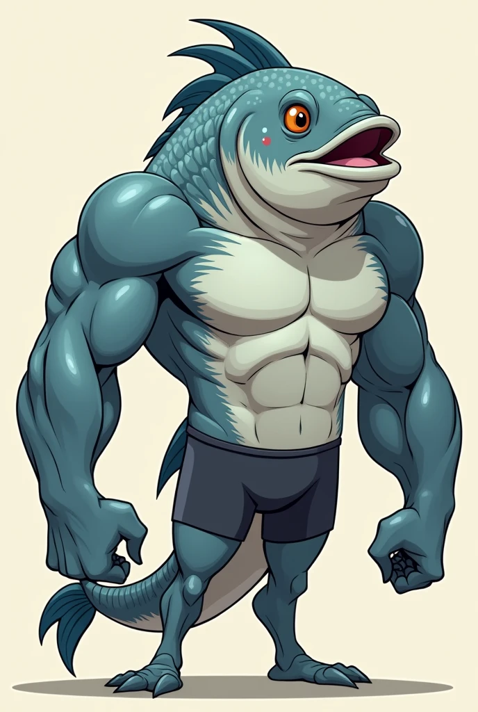 A stronger muscular humanoid fish grey wearing a speedo making a double biceps, cartoon style
