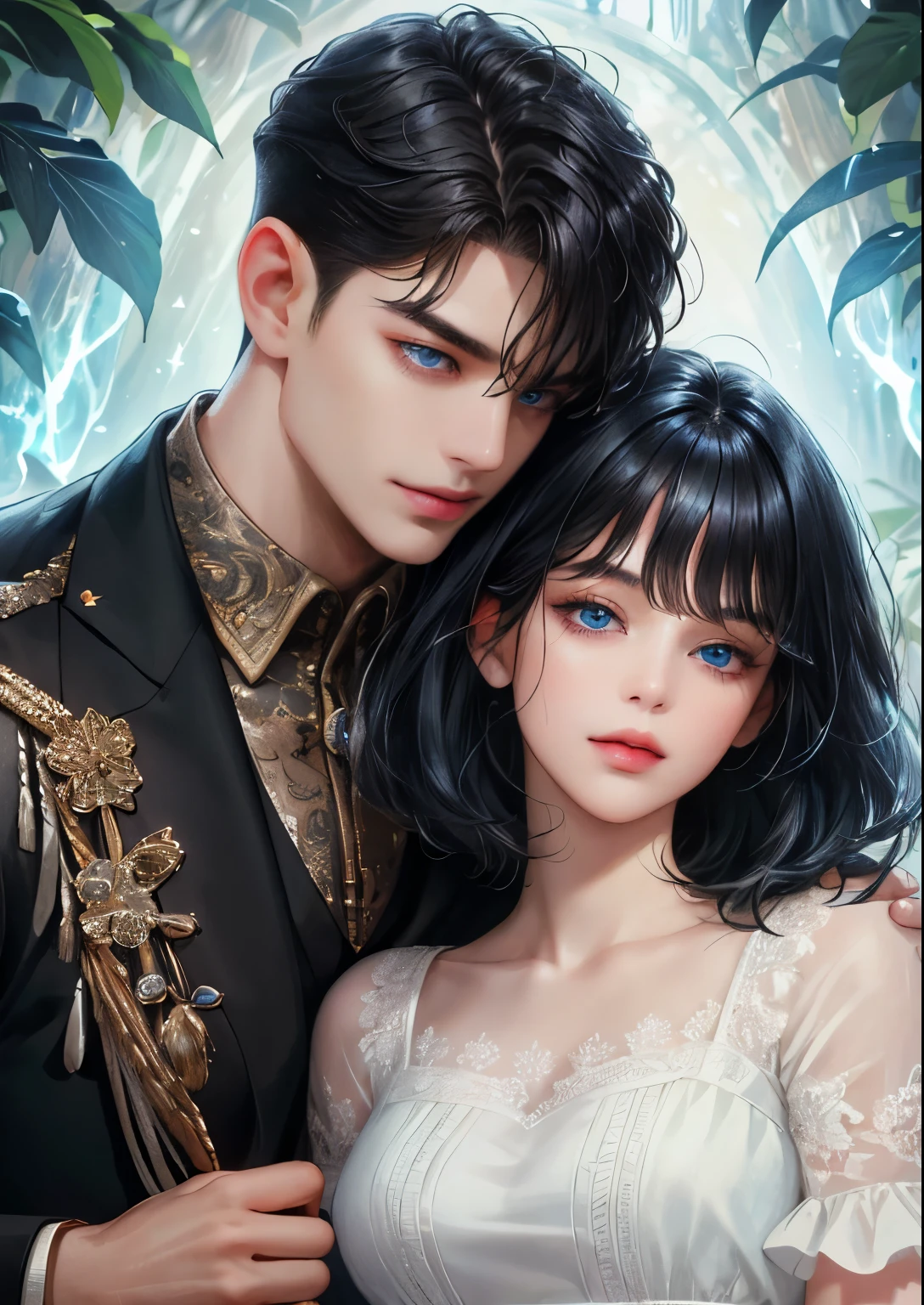 (absurdly , high quality , masterpiece , ultra detailed), ( detailed to hand ) (detailed to eyes) (detailed to face) , couples, 1 man (short black Quiff hair with Soft Fringe, bangs part on side 3:7 ratio) and 1 woman (short black hair with fringe) love ,pretty eyes (blue eyes) , black hair, fantasy, detailed background, soft light