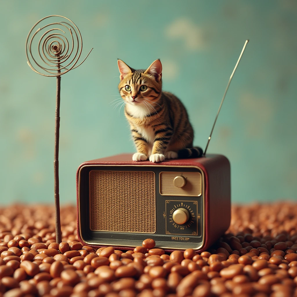  A whimsical scene with a cat perched atop a pile of giant beans, an old-fashioned radio antenna beside it. The scene is photorealistic with detailed textures and vibrant colors, capturing the unusual combination of elements.