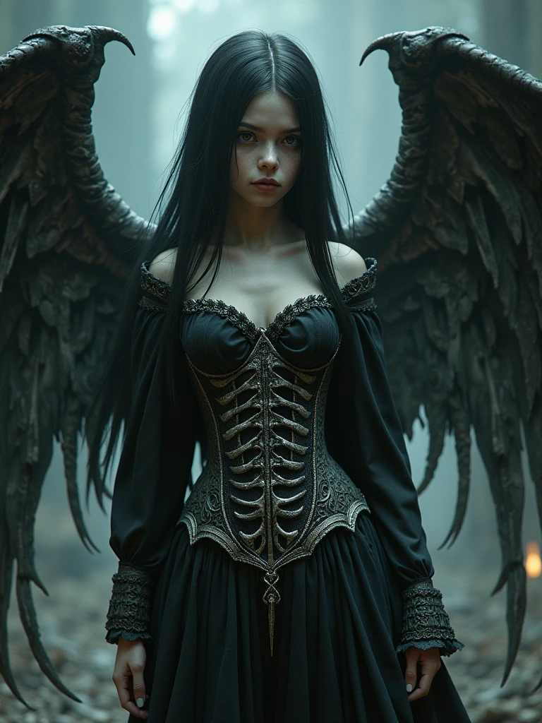 A girl in the image of a fallen angel with bone wings and a bone corset, dark demonic terrifying, many details, gloomy atmosphere