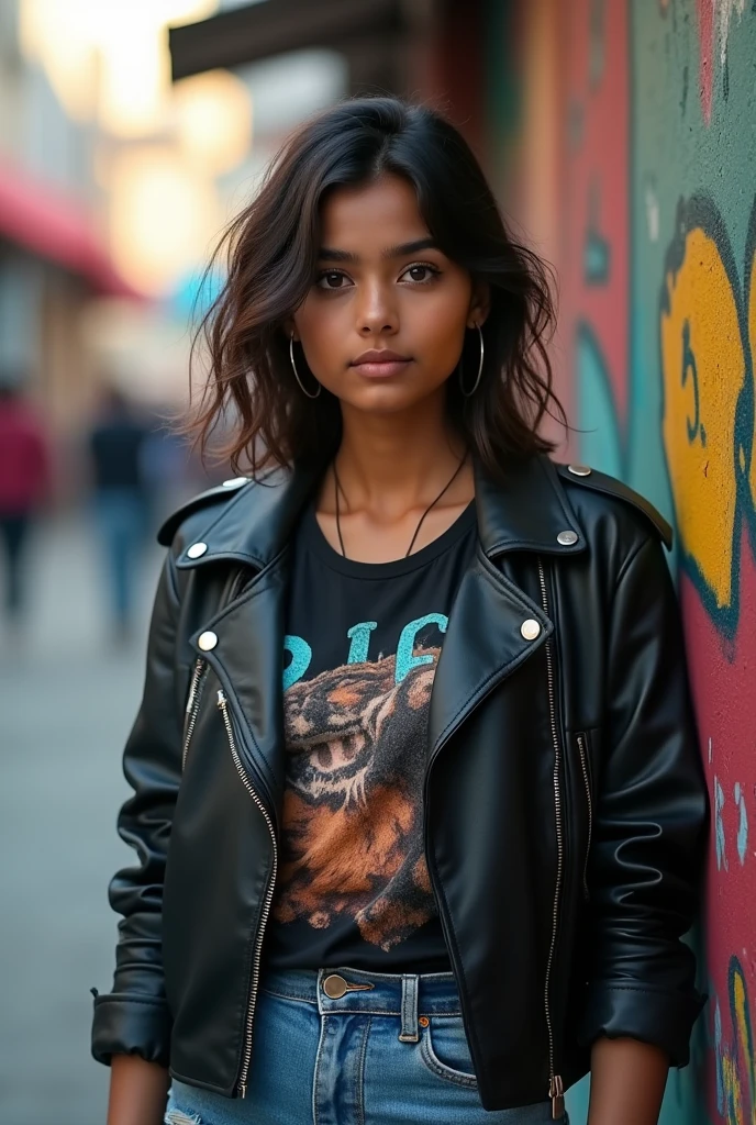 Maintain the same face as in the original image: a beautiful Indian girl with dirty simple hair, detailed normal eyes, and hyperrealistic features. The face should be preserved in the same style and expression. Change the background to a vibrant urban setting, with colorful street art on the walls, giving a lively and modern vibe. She should be dressed in a trendy outfit: a fashionable leather jacket over a graphic tee, paired with stylish ripped jeans. Keep the lighting dramatic with a Rembrandt lighting scheme, emphasizing the contours of her face and the detailed textures of her outfit and surroundings. The image is shot in 8K UHD quality with a photorealistic approach, captured by a Canon EOS 5D Mark IV.