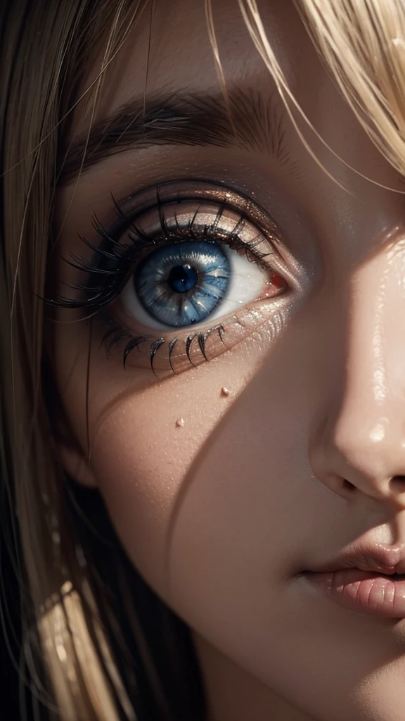 A striking, super close-up painting of a blonde woman's one blue-grey eye, rendered with astonishing realism and detail. The eye is wide open, brimming with fear, and has a solitary tear tracing a path down her cheek. Reflected in the depths of the iris we see a baseball bat, casting a mysterious and unsettling shadow. The surrounding area is a blend of makeup and potential evidence of violence, blurring the lines of reality. The overall mood of the painting is dramatic and evocative, blending realism with abstraction. Bold brushstrokes, dramatic lighting, and a rich earthy color palette accented with a dash of red create a powerful, emotional impact that captures the viewer's attention.