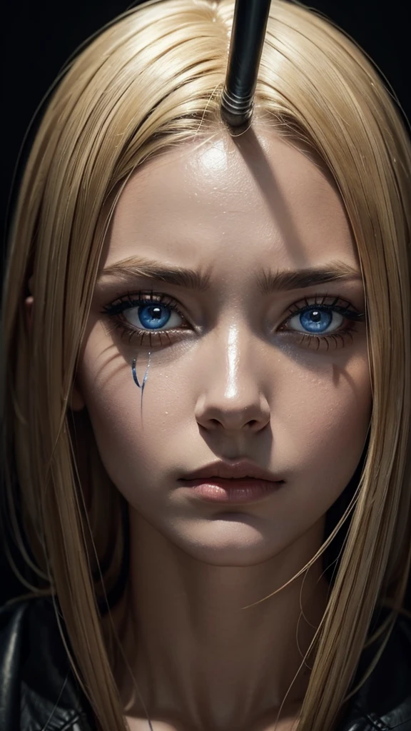 A striking, super close-up painting of a blonde woman's one blue-grey eye, rendered with astonishing realism and detail. The eye is wide open, brimming with fear, and has a solitary tear tracing a path down her cheek. Reflected in the depths of the iris we see a baseball bat, casting a mysterious and unsettling shadow. The surrounding area is a blend of makeup and potential evidence of violence, blurring the lines of reality. The overall mood of the painting is dramatic and evocative, blending realism with abstraction. Bold brushstrokes, dramatic lighting, and a rich earthy color palette accented with a dash of red create a powerful, emotional impact that captures the viewer's attention.