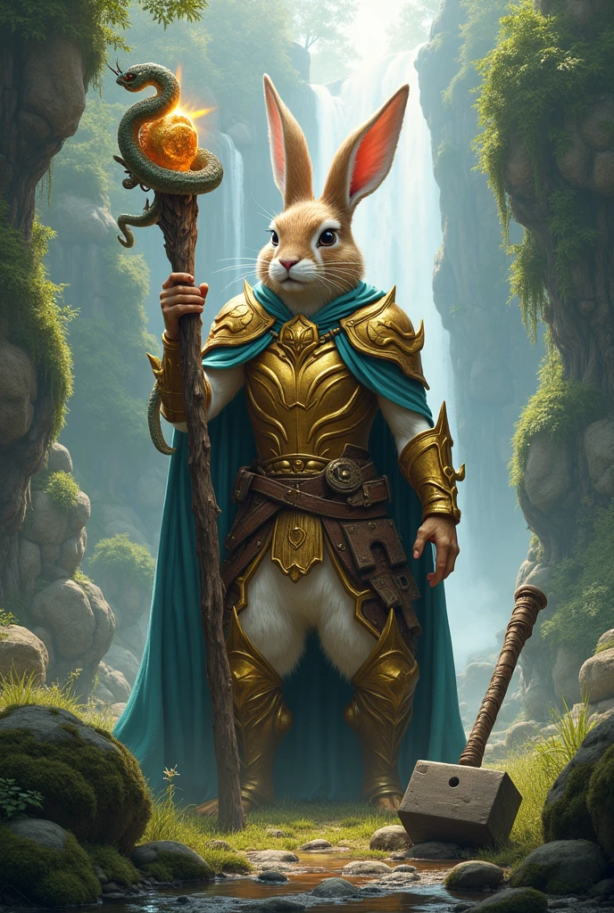 Magic rabbit, forst, waterfall,Rock,staff, golden armour, sledgehammer,wizard hat snake