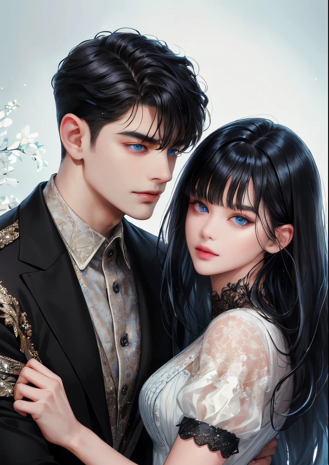 (absurdly , high quality , masterpiece , ultra detailed), ( detailed to hand ) (detailed to eyes) (detailed to face) , couples, 1 man (short black Quiff hair with Soft Fringe, bangs part on side 3:7 ratio) and 1 woman (short black hair with fringe) love ,pretty eyes (blue eyes) , black hair, fantasy, detailed background, soft light