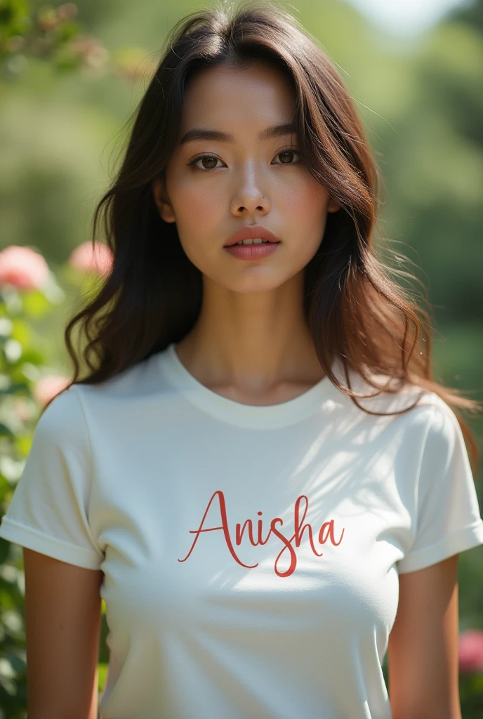 an image of a beautiful woman wearing a white T-shirt by the names of ANISHA