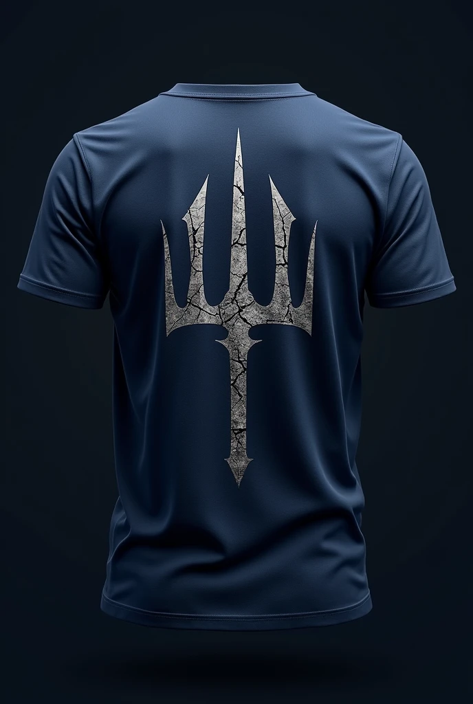 dark blue t-shirt, that on the back it has a print of a trident, that the 3 points are well separated and the trident design is cracked and occupies the entire part of the back, that the center stick is the largest 