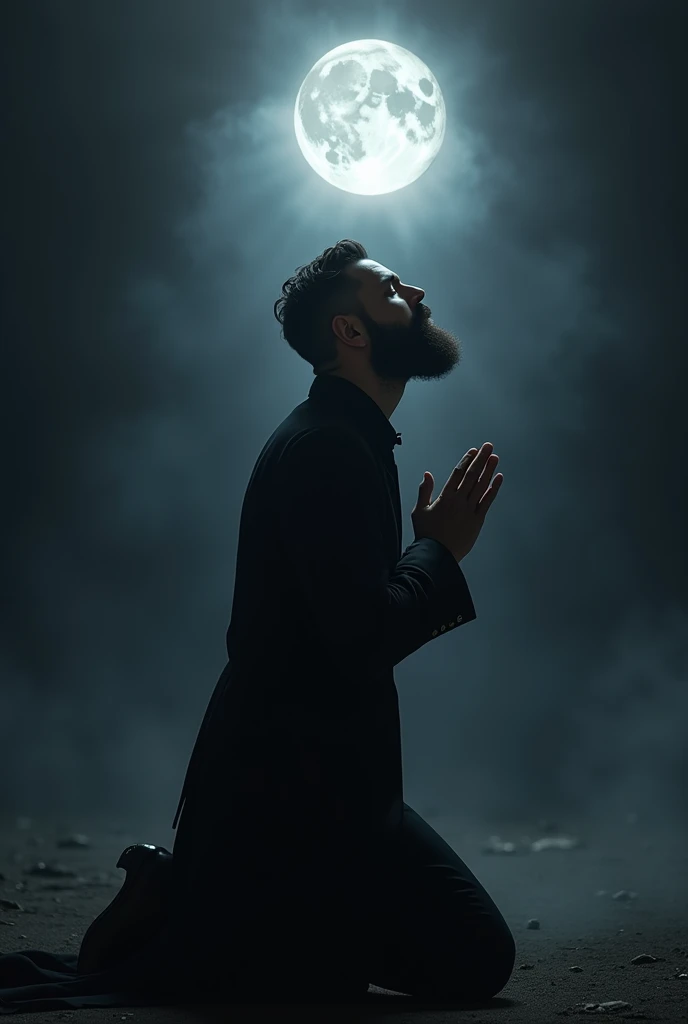 Beautiful long dark hair man lowed beard on knees praying hands at moon light on beautiful black suit