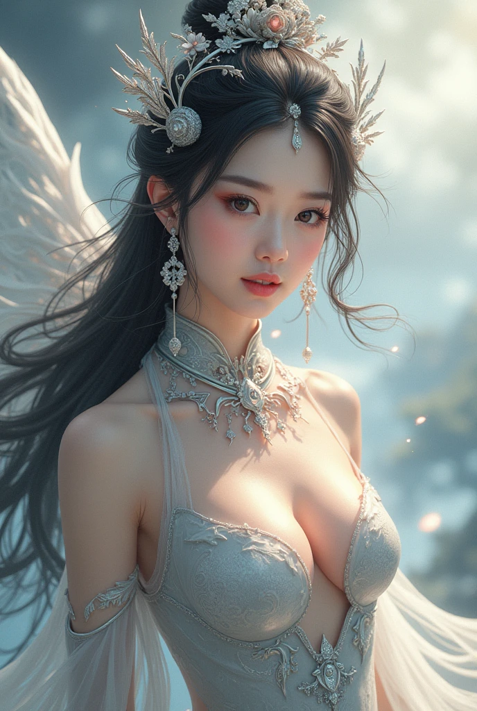 A peerless beauty who is out of this world,Excellent figure,Chinese style,Cultivate fairy beauty,Flowing long hair,Chinese comic style,Ultra HD,Thin silver-gray armor,