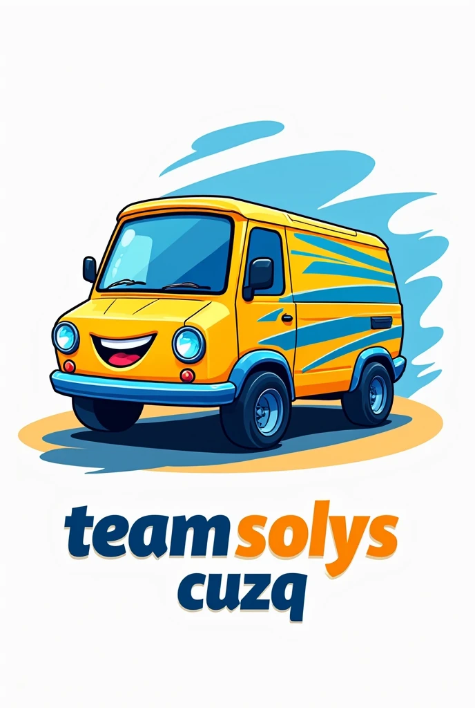 Create a mascot logo where the mascot is a yellow minivan with blue stripes and below it says "team solys cuzq"