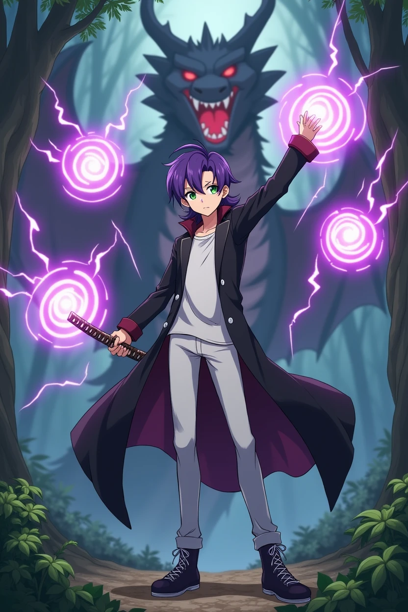 In an anime-style scene set in a dense, mystical forest, a Genshin Impact-inspired character stands tall at 187 cm. He has average but distinct features with purple hair styled in a mullet haircut, green eyes, and a soft but fierce expression. His left eye is flaring with a green glow. He is dressed in a black overcoat, white pants, and a white T-shirt. The character is shown in a full-body, dynamic pose, swinging a katana sword with his left hand. The katana is enveloped in crackling purple lightning. Behind him, three glowing purple mana circles with lightning energy hover, displaying his magical power.In the background, a large, menacing dragon emerges from the shadows, setting an intense battle atmosphere in the wooded scenery.