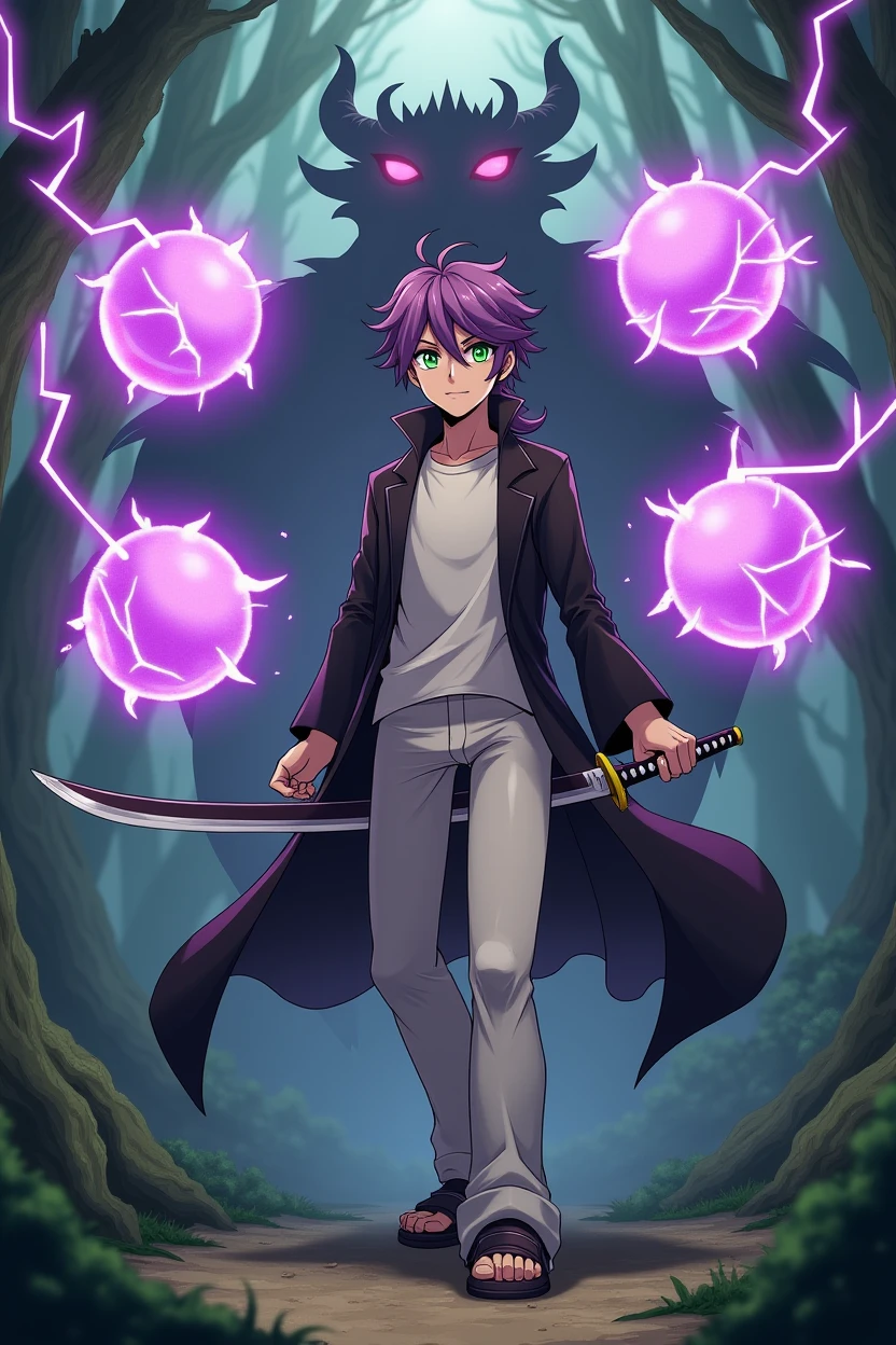 In an anime-style scene set in a dense, mystical forest, a Genshin Impact-inspired character stands tall at 187 cm. He has average but distinct features with purple hair styled in a mullet haircut, green eyes, and a soft but fierce expression. His left eye is flaring with a green glow. He is dressed in a black overcoat, white pants, and a white T-shirt. The character is shown in a full-body, dynamic pose, swinging a katana sword with his left hand. The katana is enveloped in crackling purple lightning. Behind him, three glowing purple mana circles with lightning energy hover, displaying his magical power.In the background, a large, menacing dragon emerges from the shadows, setting an intense battle atmosphere in the wooded scenery.