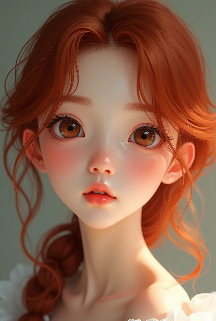 Make an Asian girl with red hair, brown eyes and a sweet face