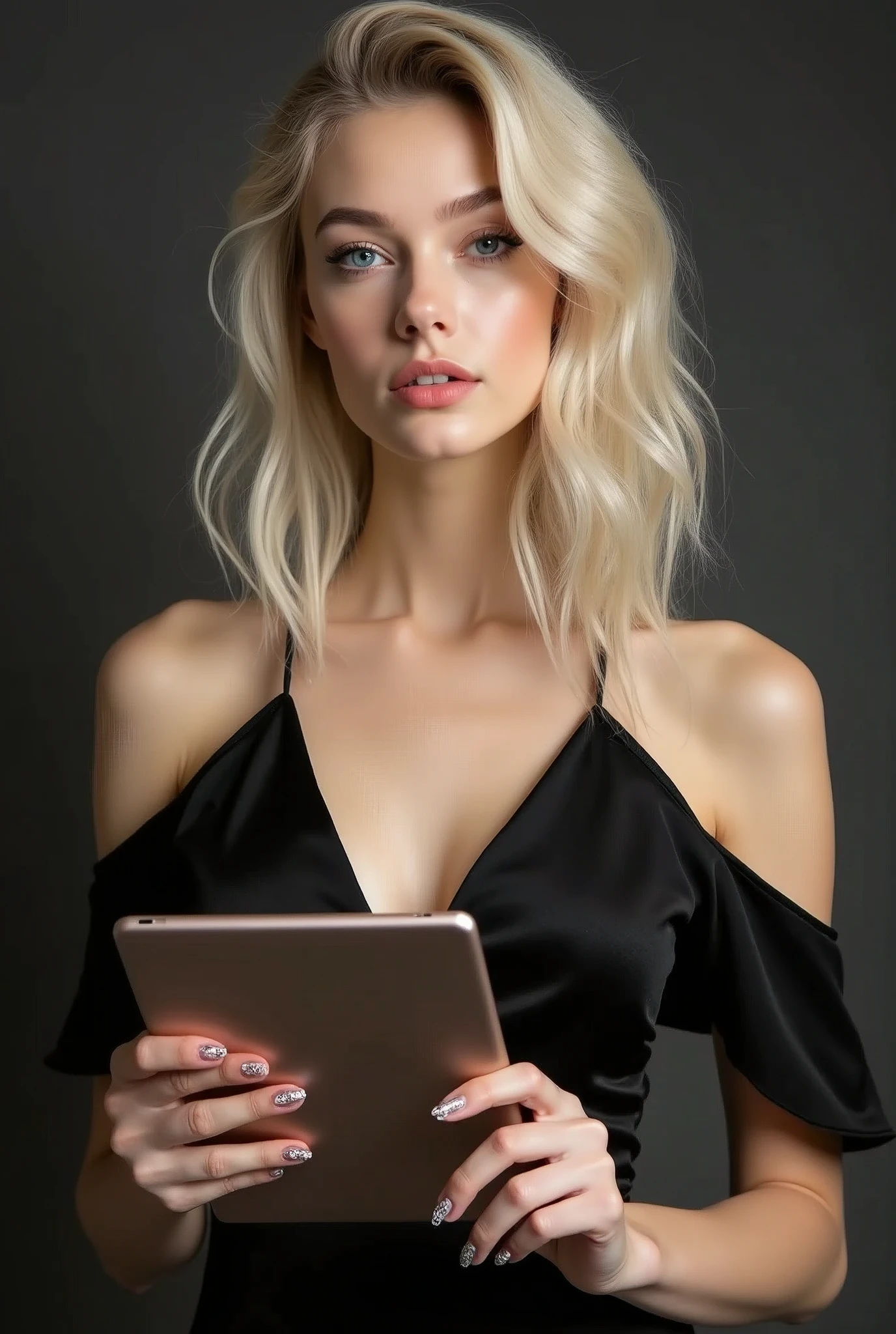 beautiful white-skinned girl  , medium light hair , beautiful hairpins ,  with bright sparkling eyes, long eyelashes, Plump lips, glitter and rhinestones, skin shine, Beautiful manicure, beautiful nails
,pearl skin, holding a tablet in his hands, in a black dress with open shoulders, Beautiful detailed fingers, professional photo, 4K, a high resolution, high detail, aesthetically pleasing, Beautiful, realistically, looks straight, full length