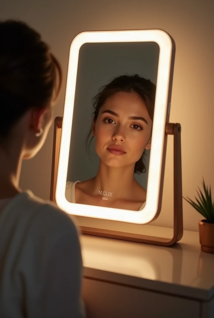 A modern mirror with a stand and a warm light coming out of it, Scanning a woman's face