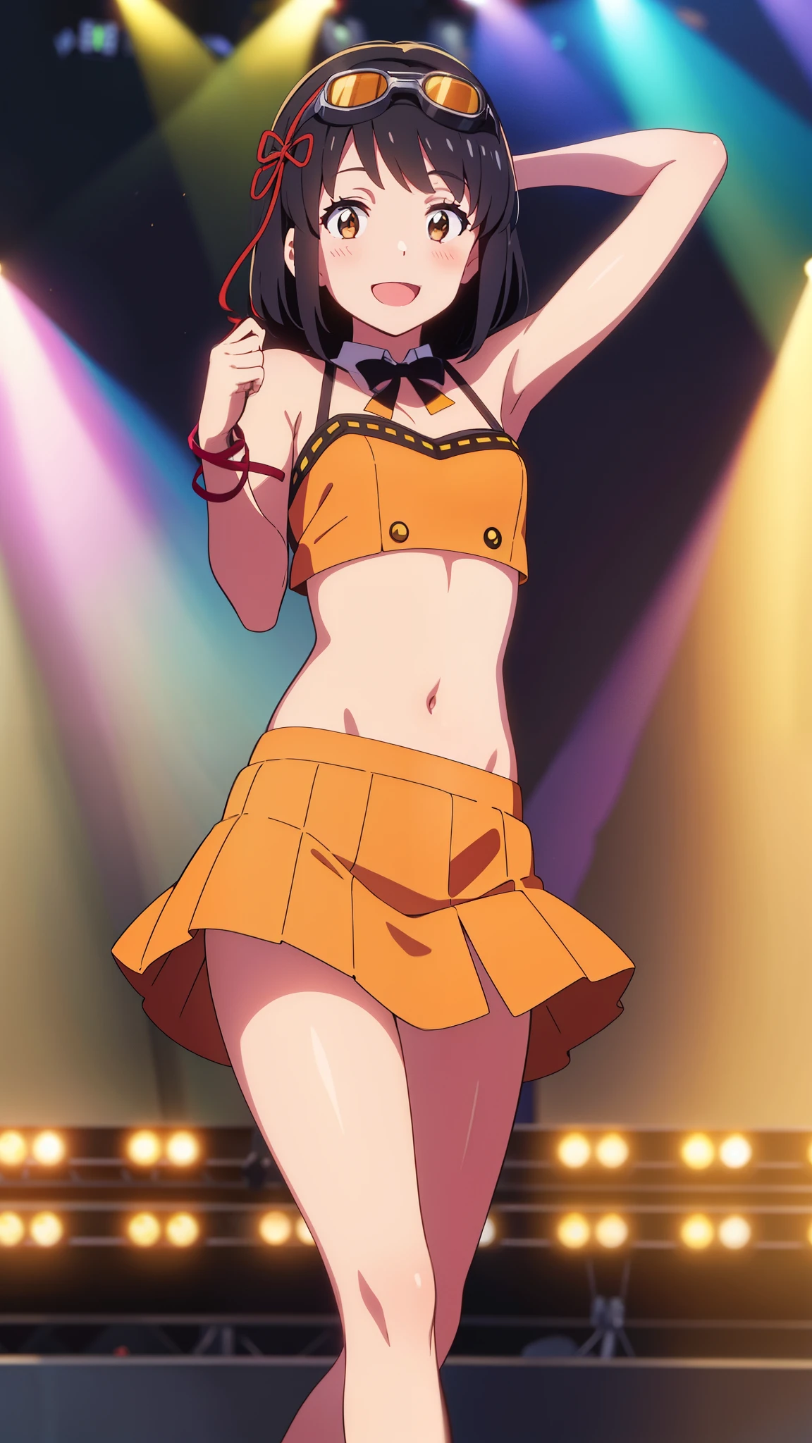 shinkai makoto, kimi no na wa., 1girl, bangs, black hair, blush, brown eyes, perfect face, looking at the viewer, idol costume, detached collar, red ribbon, short hair, solo, shinny skin, smile, cute, open mouth, :D, (masterpiece), best quality, hair ornaments, orange crop top, goggles on head, orange skirt, navel, stage, stage lights, crowd