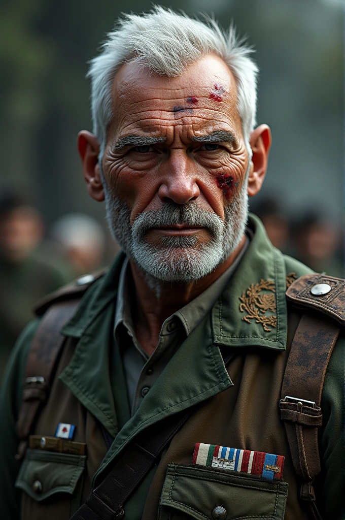 Create a veteran soldier with brown skin and white hair