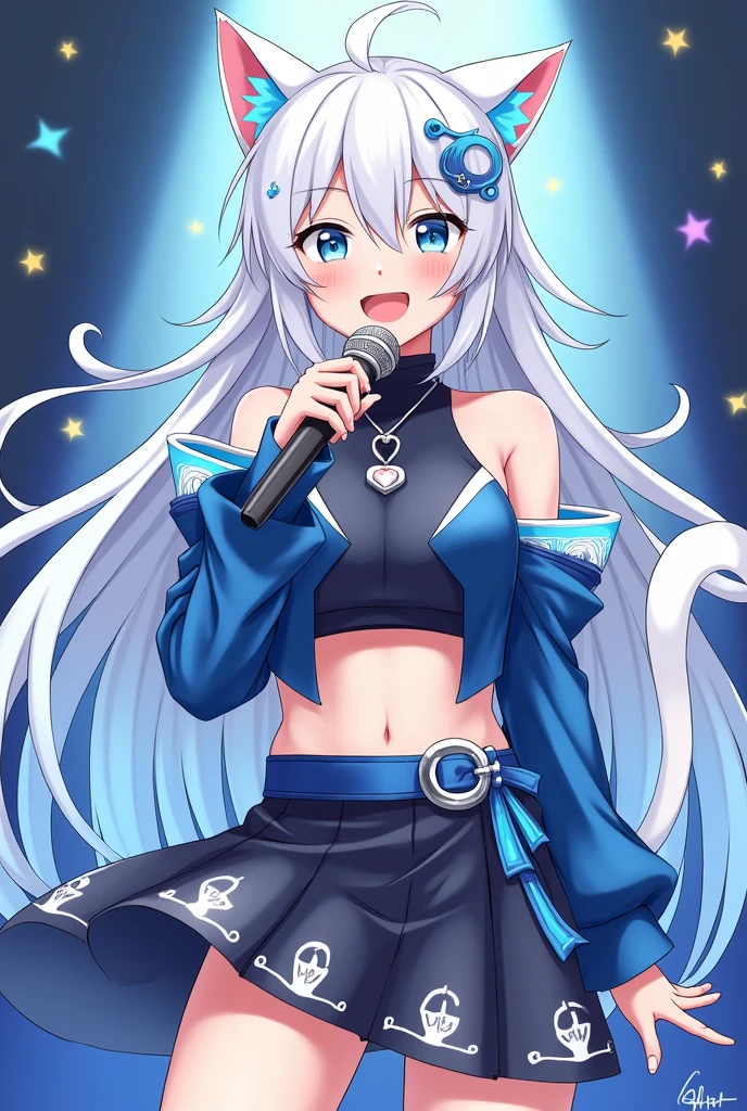 A drawing of a magical girl with anime aesthetics,  smiling, who is an idol with long white hair and cat ears and tail, wearing a short skirt and a modern top with her belly exposed and showing some skin, with a microphone in his hand singing, The dress is very striking and colorful in blue and black tones, with white ears and tail, and the hair has soft light blue highlights, On her neck she has a necklace with a silver heart-shaped plate,  In the background there are lights and sparkles as if I were at a concert.
