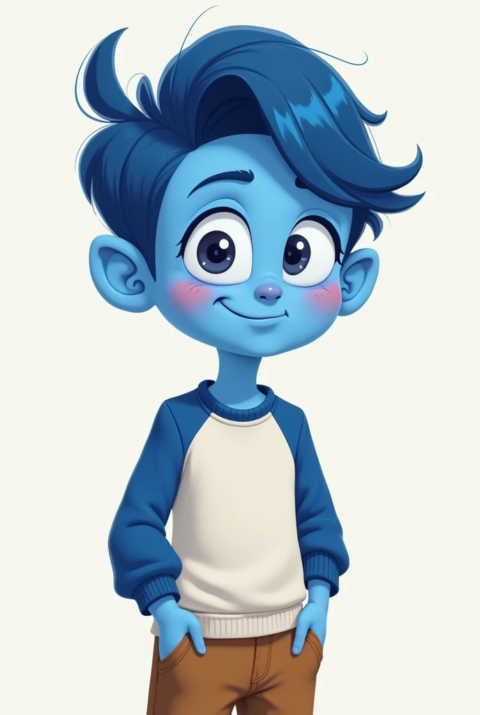Create a 2D character with blue skin. The character must be approximately 16 years old, with a friendly and happy expression, keeping a childlike style. Hair should be blue and styled simply.. The character must wear neutral clothing, like a white shirt with blue sleeves and brown pants, to complement your blue skin. Avoid using too many flashy colors to maintain a simpler, more cohesive look..