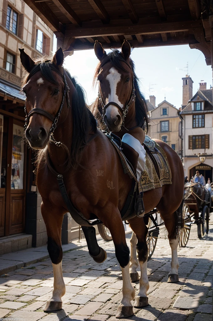 A stunning, ultra-high-definition rendering of a horse carriage galloping through a bustling medieval town. The carriage is adorned withintricate designs and a canopy, while the two powerful horses pull it swiftly down the cobblestone streets. The background is filled with vibrant colors and detailed structures, including a mix of old and new buildings, and lively market stalls. The soft, natural light illuminates the scene, creating a cinematic and photorealistic atmosphere that brings the artwork to life. This breathtakingly detailed masterpiece is trending on ArtStation, captivating viewers with its perfect composition and insanely detailed Octane rendering., cinematic, photo