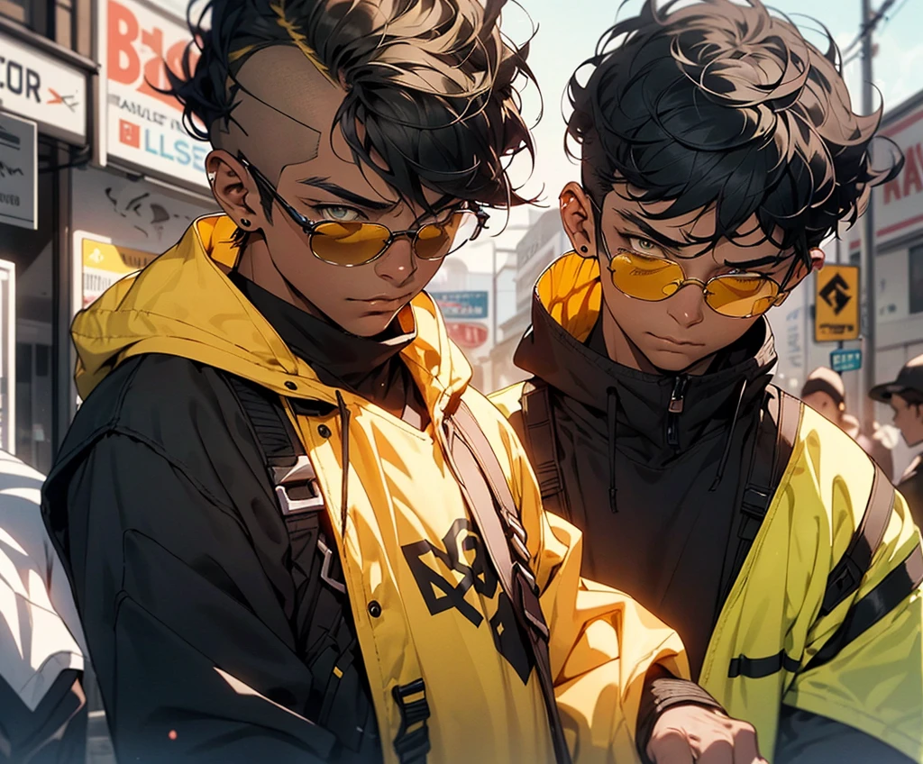 (A grown man)+(about 21 years old)+(short haircut)+(hair dyed black with hidden yellow coloring)+(in costume)+(cunt fit)+(the entire color range consists of black and yellow shades)