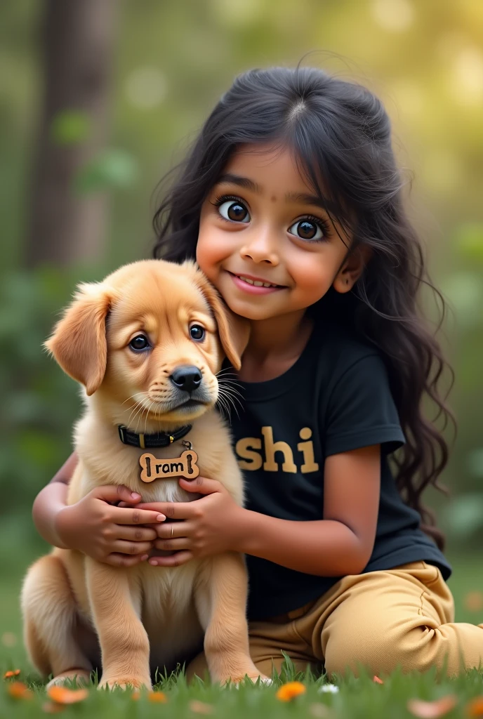 A beautiful fair indian girl sit with a light brown puppy which has a wooden bone shaped name tag named " RAM". The girl wear butter colour jeans and black t shirt. T shirt named "Roshi"