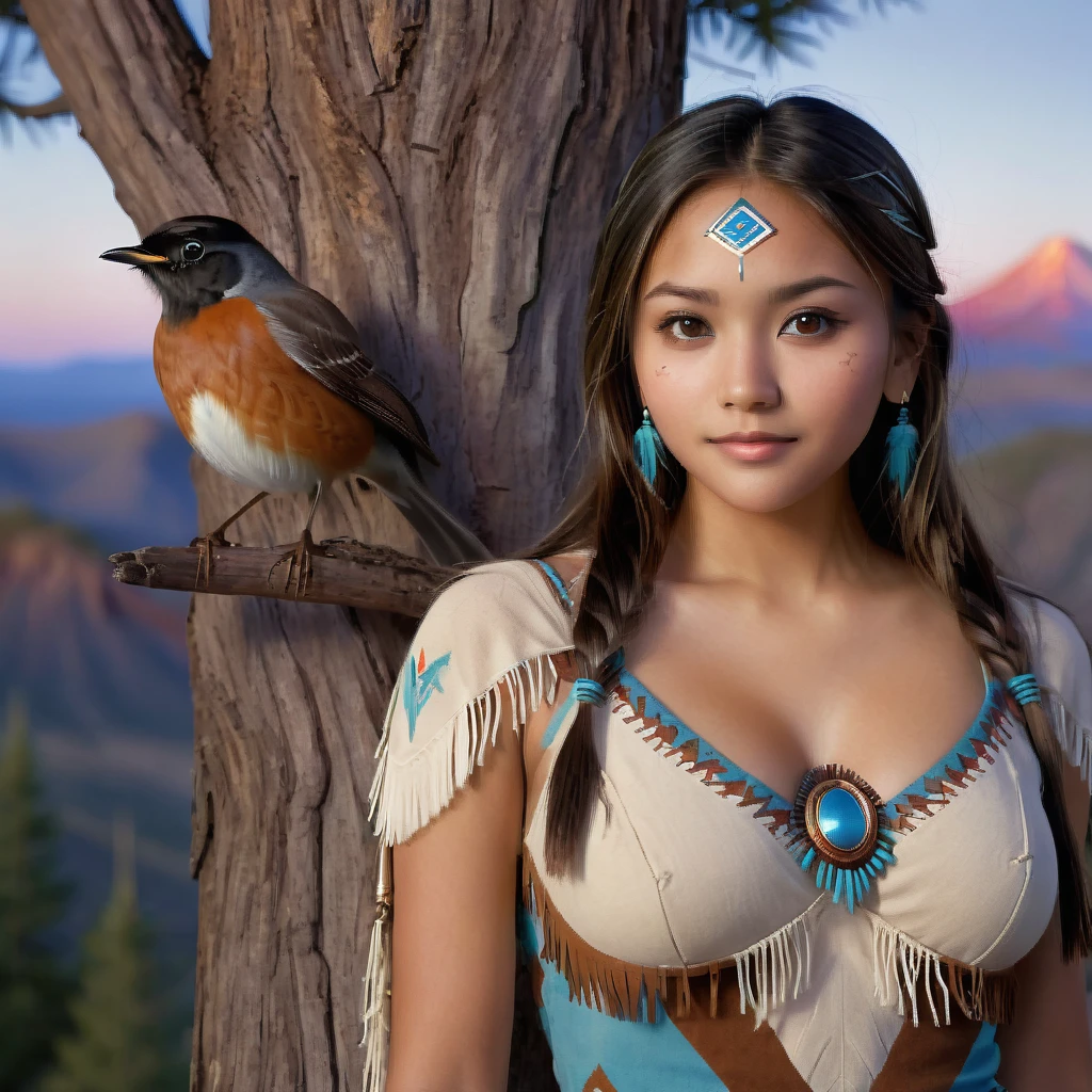 (grainy:0.5), cinematic, beautiful girls 25 year old native american,fantasy,(solo:1.3), detailed brown eyes, detailed face, detailed native american sexy clothing, volumetric lighting, dusk, extremely detailed background, standing next to tree and mountain, smiling, half closed brown eyes, tilted head, from side, sitting next to her American Robin