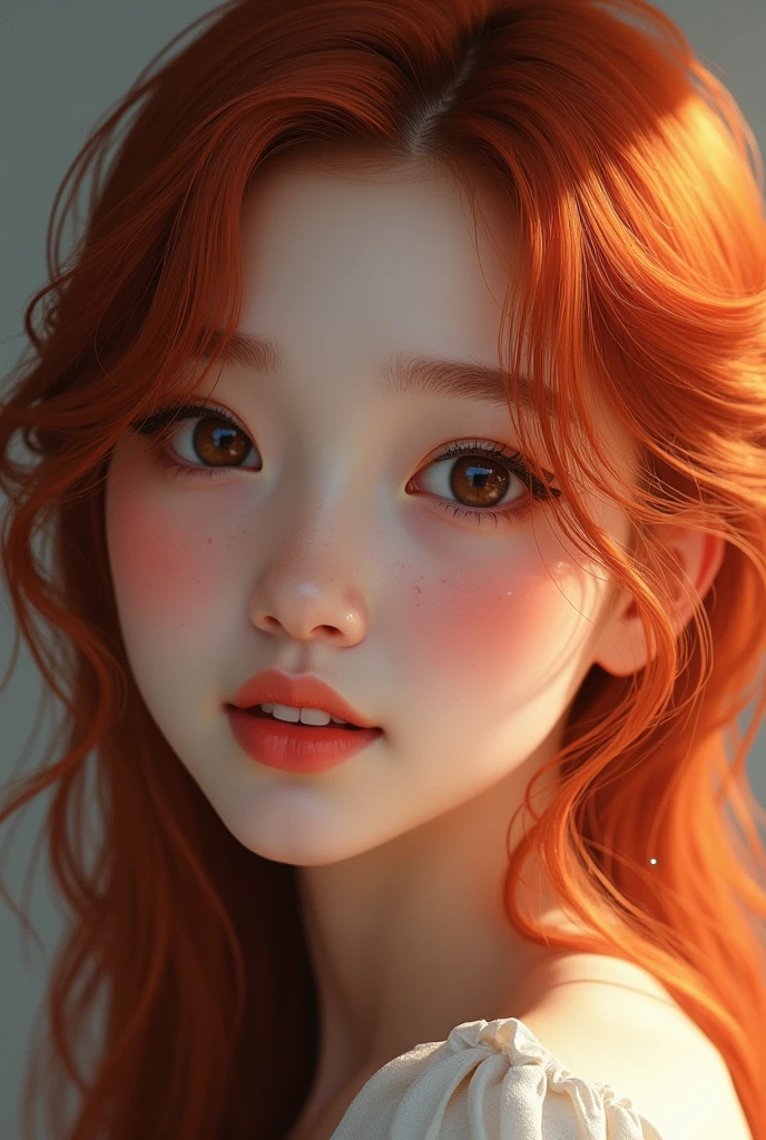 Make a realistic Asian girl with red hair, brown eyes and a sweet face
