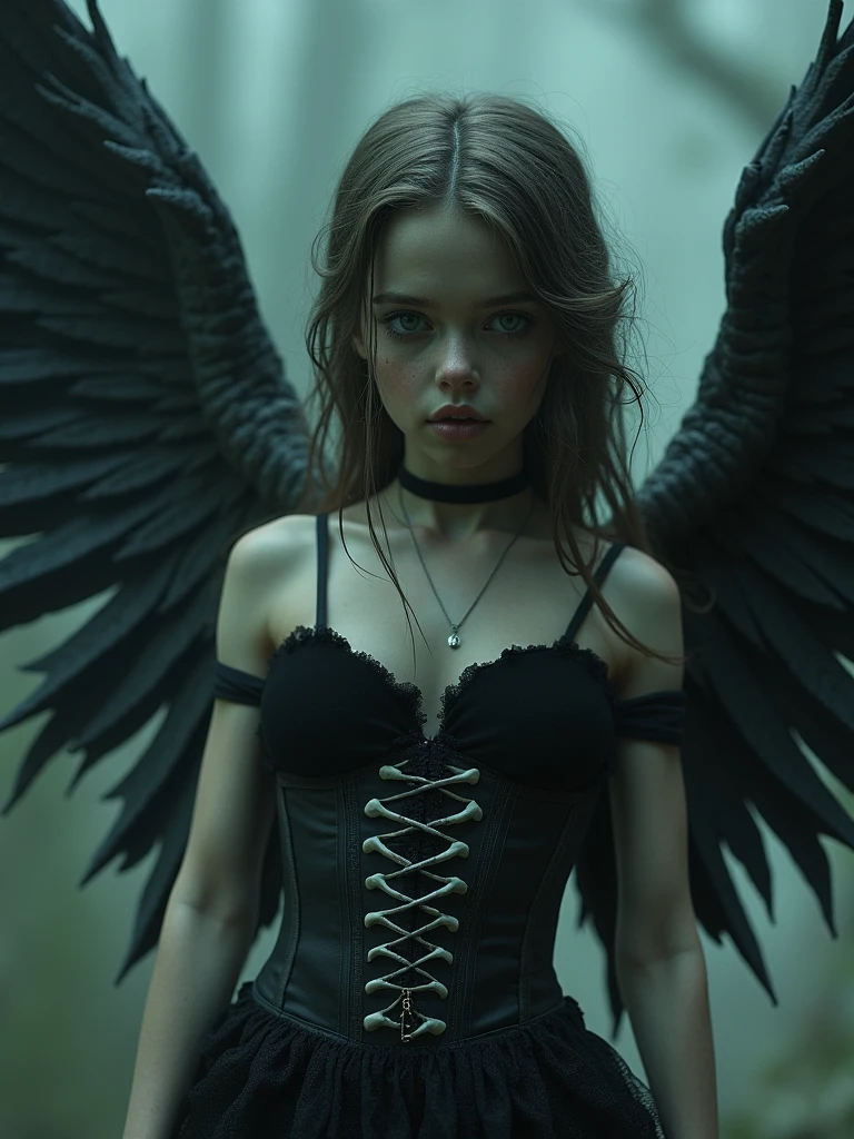A girl in the image of a fallen angel with bone wings and a bone corset, dark demonic terrifying, many details, gloomy atmosphere, extremely detailed, 8k, hyperdetailed, masterpiece