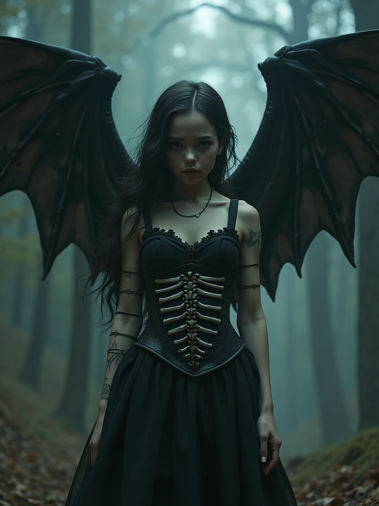 A girl in the image of a fallen angel with bone wings and a bone corset, dark demonic terrifying, many details, gloomy atmosphere, extremely detailed, 8k, hyperdetailed, masterpiece