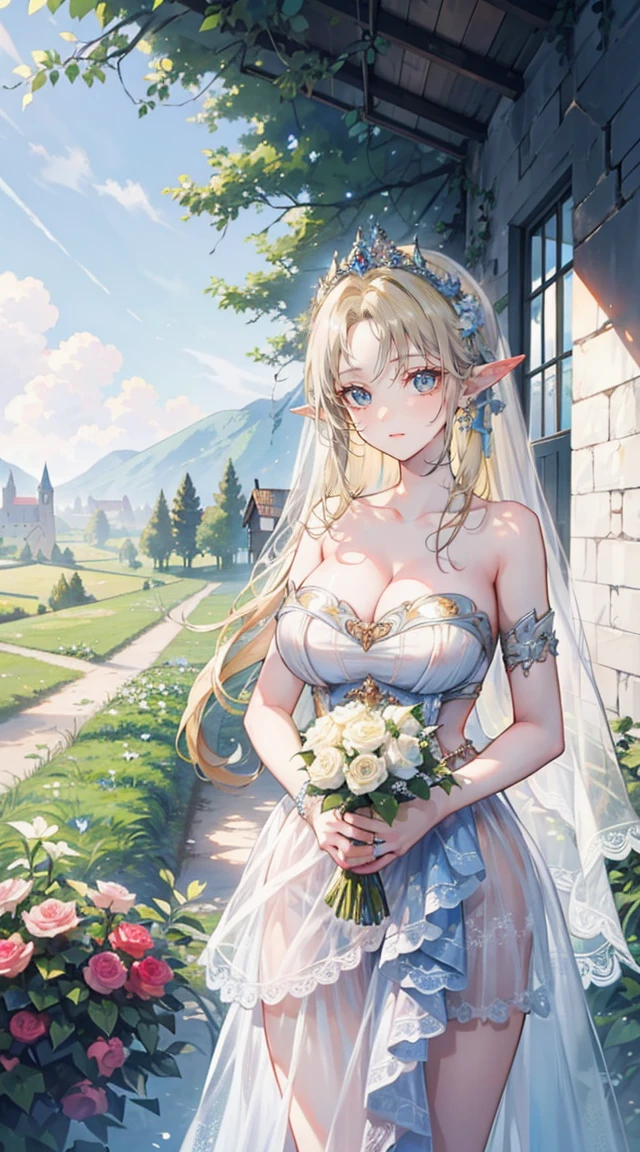 beautiful woman，folk girl，Blonde with blue eyes，twisted，Wearing a strapless wedding dress without straps.，countryside，countryside，beautiful scenery，European Middle Ages，smile with teeth，forehead，forehead exposed，big ，rift, (Elf Princess),(2 young women ,beautiful woman)