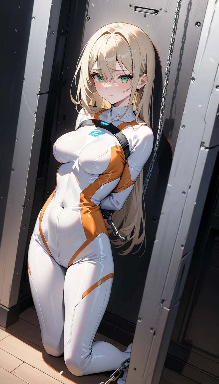 (Highest quality),woman,living room,original,alone,(((White bodysuit))),Orange bodysuit,Blonde ,Green Eyes,Ultra Girl,Are standing,Chained,Kneel,Put your hands behind your back,solitary confinement,Metal background,Very detailed,Sharp focus,beautiful, score_9, score_8_superior, score_7_superior,sauce_anime,