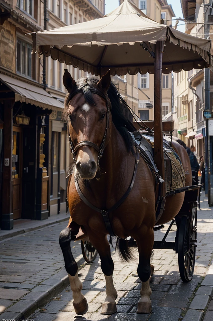 A stunning, ultra-high-definition rendering of a horse carriage galloping through a bustling medieval town. The carriage is adorned withintricate designs and a canopy, while the two powerful horses pull it swiftly down the cobblestone streets. The background is filled with vibrant colors and detailed structures, including a mix of old and new buildings, and lively market stalls. The soft, natural light illuminates the scene, creating a cinematic and photorealistic atmosphere that brings the artwork to life. This breathtakingly detailed masterpiece is trending on ArtStation, captivating viewers with its perfect composition and insanely detailed Octane rendering., cinematic, photo