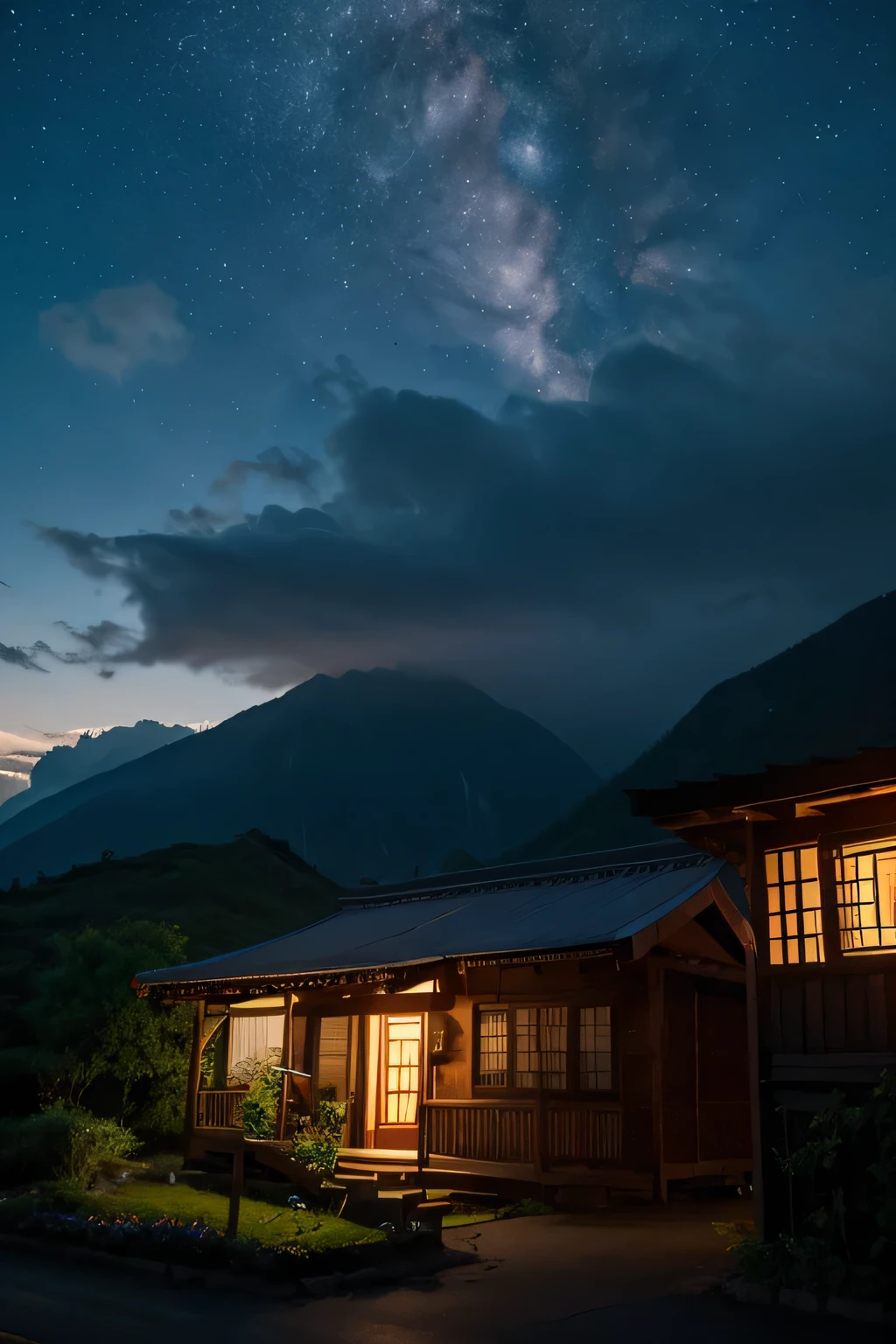 Village road, isolated house on the egad of a mountain, a Moon light image, dark night, moon rays on Hibiscus flowers, dream like image, cloudy sky, mountainous place, ols girl face face, clops-up