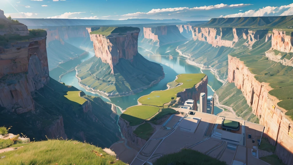 A small futuristic town with Solar power on grass, overlooking a canyon