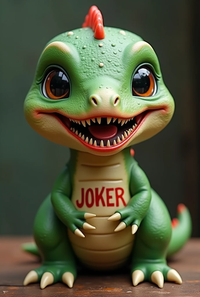 Cute green dinosaur with red painted mouth, sunken eyes and gold teeth, with the tattoo "JOKER" on the chest. His face is a little whitish