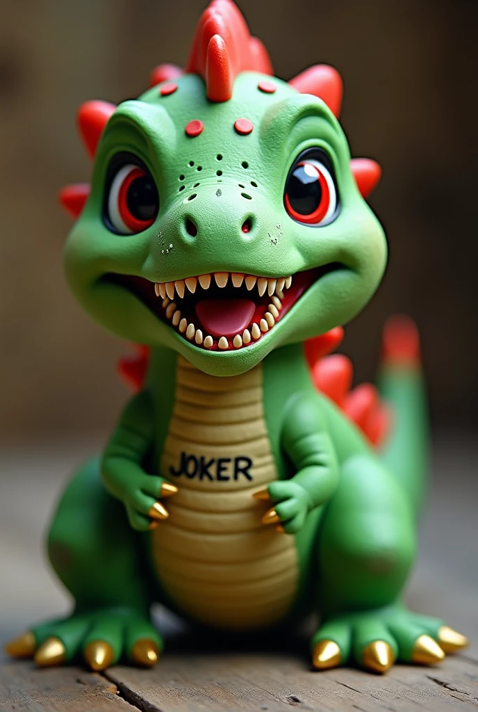 Cute green dinosaur with red painted mouth, sunken eyes and gold teeth, with the tattoo "JOKER" on the chest. His face is a little whitish 