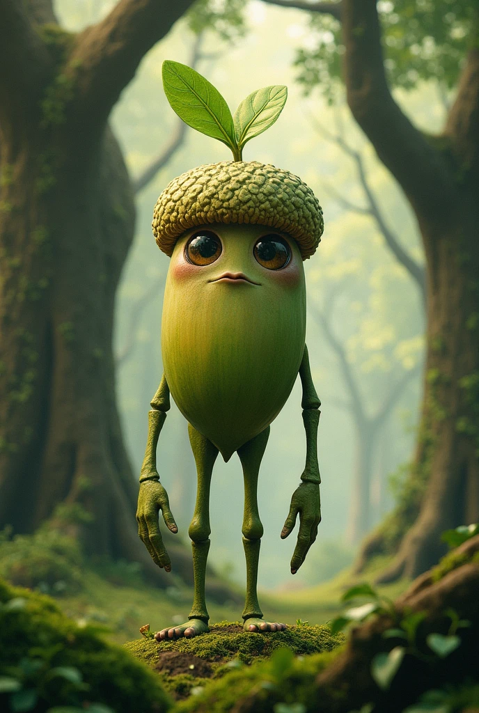 young tall acron plant have head leg,hand like humen There are big oak trees around
