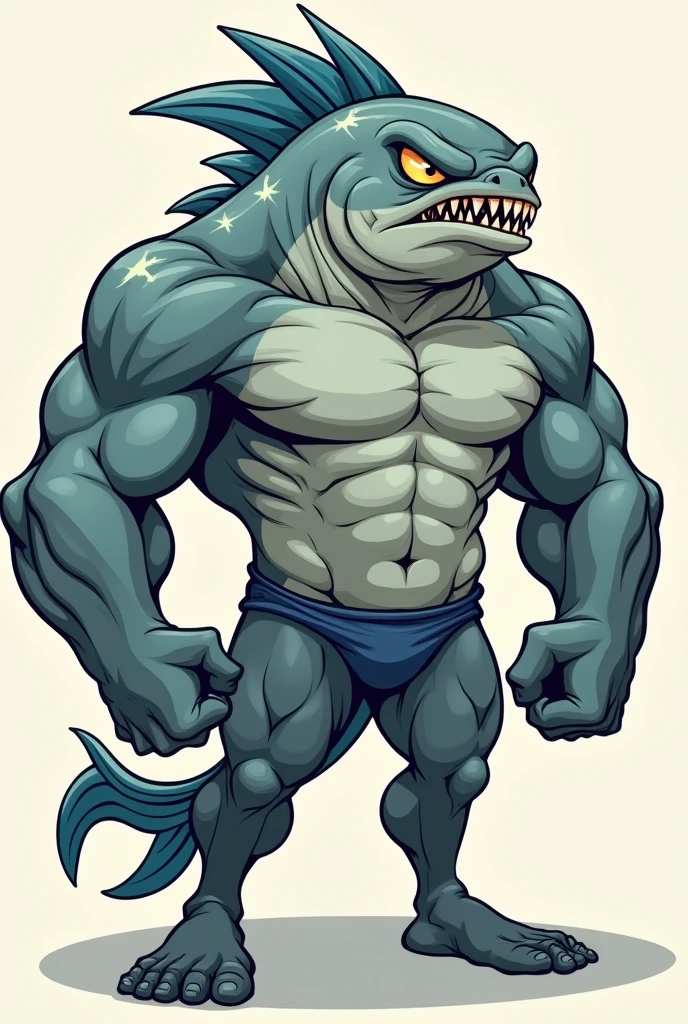 A stronger muscular humanoid fish grey wearing a speedo making a double biceps with angry face, cartoon style
